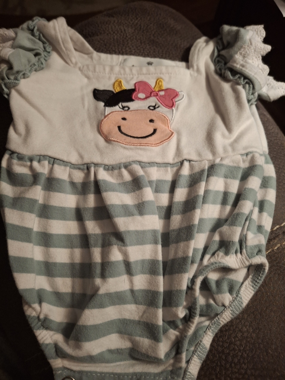 Marie Nicole Striped Green & White Baby One-Piece Romper with Cow Applique